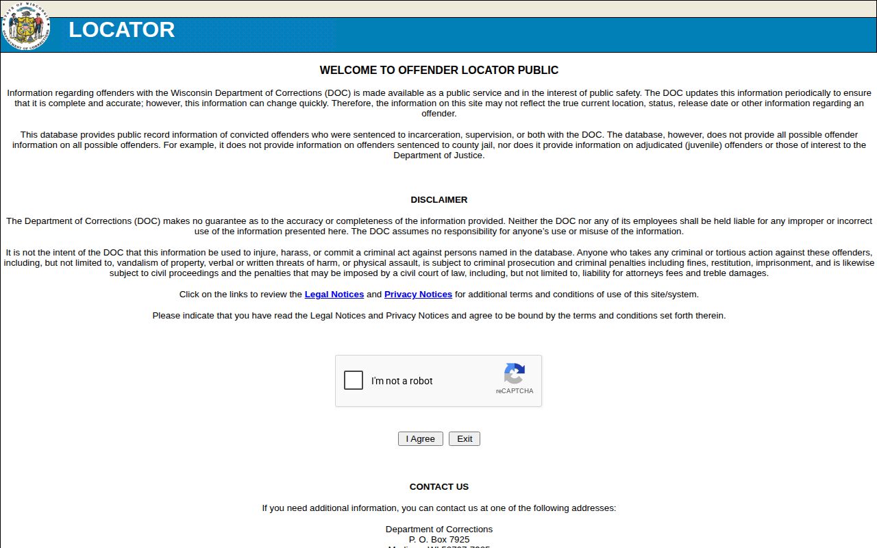 Waushara County state-prison record lookup through the WI DOC locator
