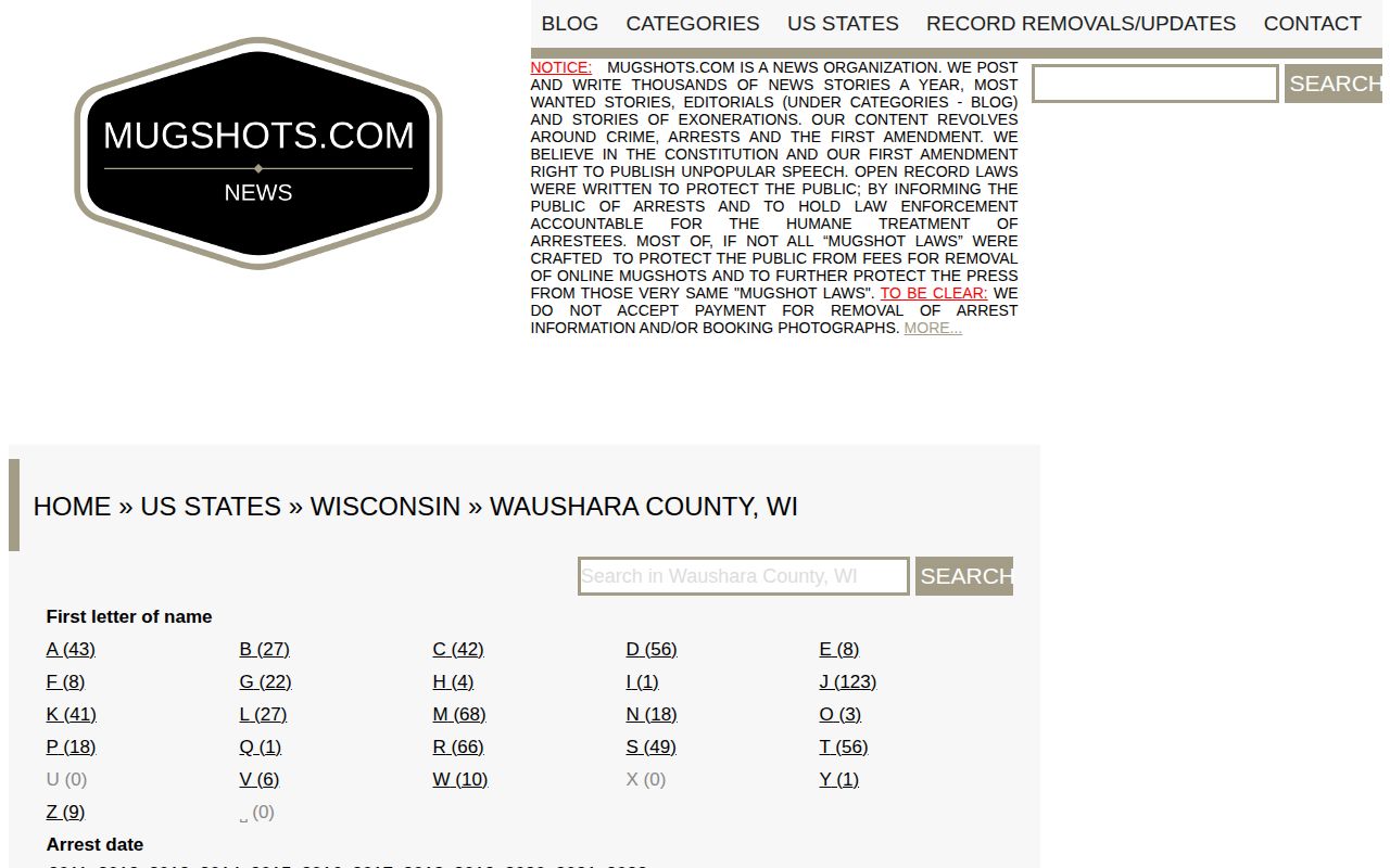 Waushara County historical third-party booking record directory